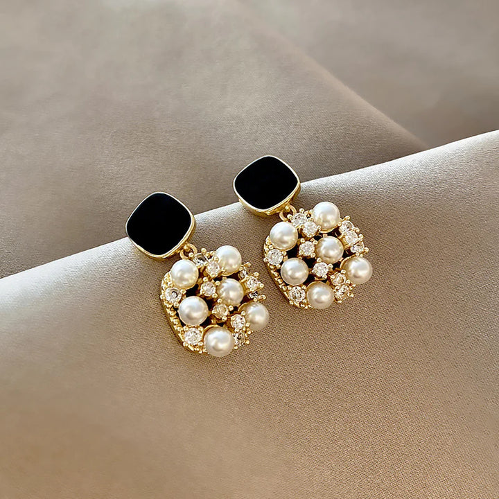 Zivnaaz Black Square Pearl Drop Earrings
