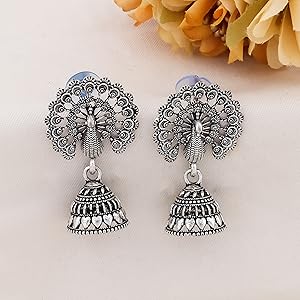 Silver Oxidised Peacock Earrings