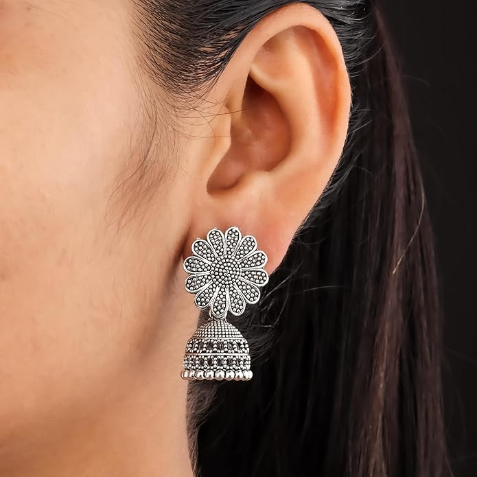 Silver Oxidised Flower Earrings