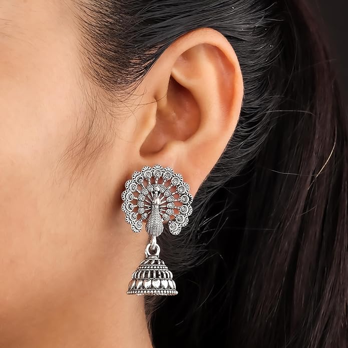 Silver Oxidised Peacock Earrings