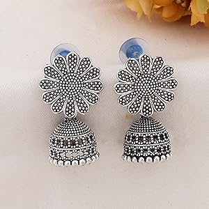 Silver Oxidised Flower Earrings