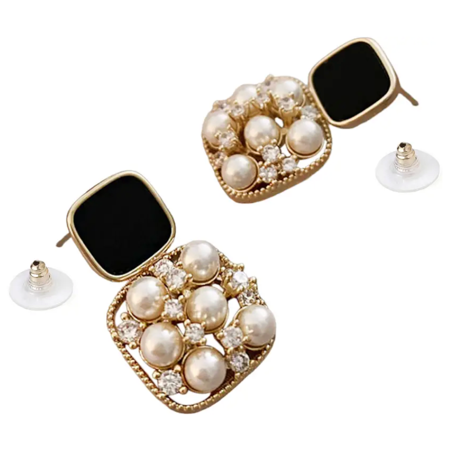 Zivnaaz Black Square Pearl Drop Earrings