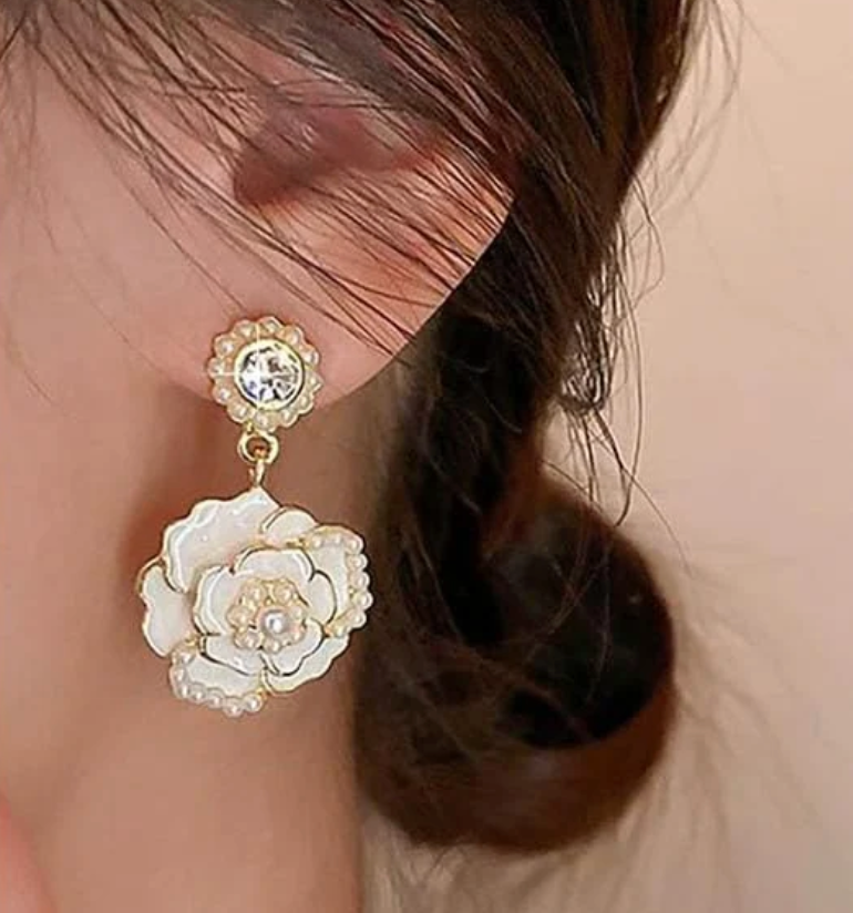 White Rose Drop Earrings by Zivnaaz