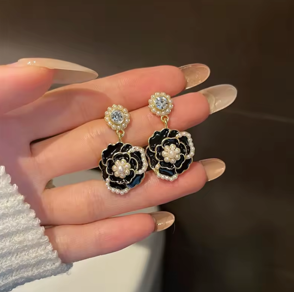 Black Rose Drop Earrings by Zivnaaz