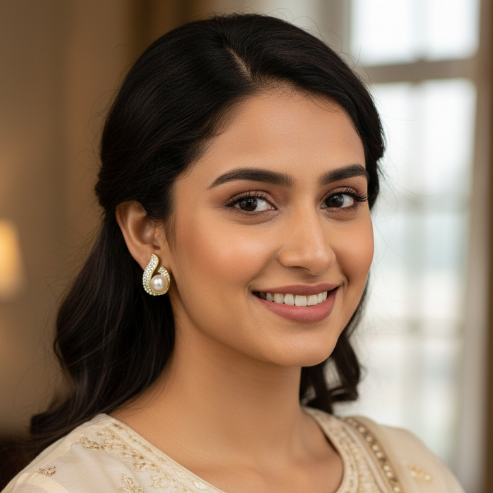 Crystal Kissed Pearl Studs by Zivnaaz