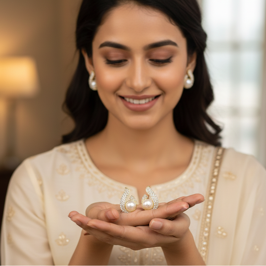 Crystal Kissed Pearl Studs by Zivnaaz