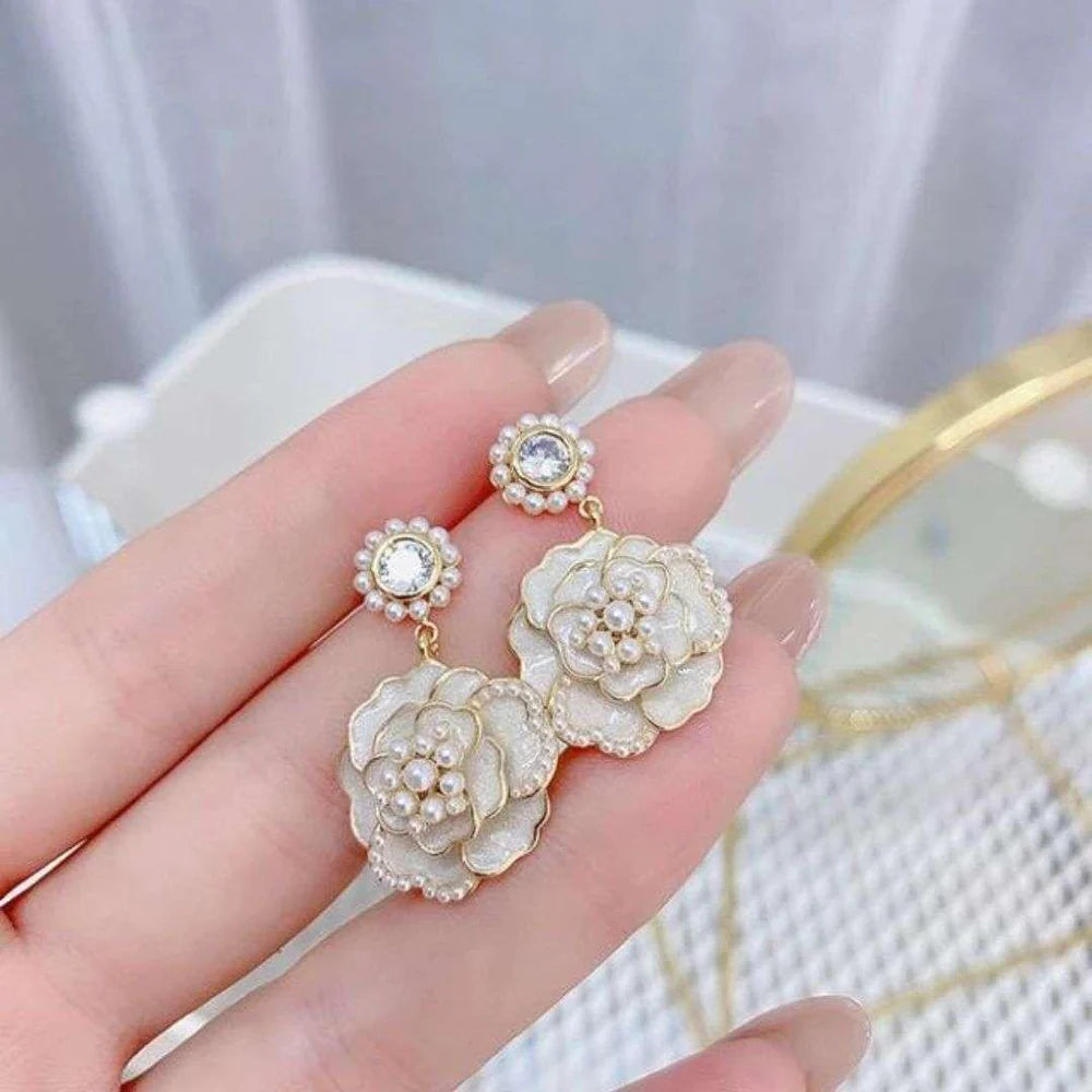 White Rose Drop Earrings by Zivnaaz